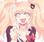  1girl bear_hair_ornament blue_eyes bow breasts cleavage dangan_ronpa drawr enoshima_junko hair_ornament laughing long_hair looking_at_viewer nail_polish necktie open_mouth pink_hair pointing pointing_at_viewer school_uniform skirt sleeves_rolled_up smile solo spoilers tomatok0 twintails 