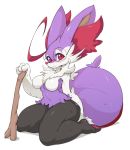  1girl ahoge alternate_color animal_ears bespectacled blush braixen breasts fox_ears freckles fur furry glasses huge_ahoge no_humans no_nipples nude pokemon pokemon_(creature) pokemon_(game) pokemon_xy red_eyes round_glasses shiny_pokemon sitting slugbox snout solo stick tail thick_thighs thighs wariza 