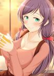  1girl blush breasts cleavage cup green_eyes large_breasts long_hair looking_at_viewer love_live!_school_idol_project purple_hair smile solo steam toujou_nozomi twintails wakataku 