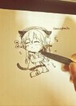  1girl :&lt; animal_ears blush cat_ears cat_tail chibi closed_eyes fourth_wall headphones long_hair marker_(medium) merryhachi monochrome nitroplus solo super_sonico tail traditional_media 