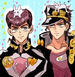  2boys animal_on_head black_hair blue_eyes cat chain earrings gakuran green_eyes hat higashikata_jousuke jewelry jojo_no_kimyou_na_bouken kuujou_joutarou long_coat multiple_boys pompadour rabbit sahau228 school_uniform smile time_paradox 