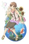  1girl brown_eyes brown_hair bubble bubble_blowing capri_pants fish fishbowl flower goldfish grin highres izumi_(ko8) original sandals short_hair short_twintails sitting skirt smile solo sunflower twintails water white_background 
