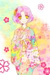 aikatsu! flower japanese_clothes kimono kitaouji_sakura pink_hair short_hair yellow_eyes 