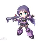  1girl chibi fingerless_gloves gloves green_eyes gundam langbazi long_hair love_live!_school_idol_project purple_hair solo thigh-highs toujou_nozomi weapon 