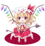  1girl ascot blonde_hair chibi commentary_request engrish fang flandre_scarlet hat hat_ribbon laevatein looking_at_viewer mob_cap open_mouth puffy_short_sleeves puffy_sleeves ranguage red_eyes ribbon shirt short_sleeves skirt skirt_set smile solo touhou vest wings wrist_cuffs yukimiya_(parupunta) 
