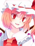  1girl aru16 ascot blonde_hair bow fang flandre_scarlet hat hat_bow highres red_eyes side_ponytail solo touhou white_background wings 