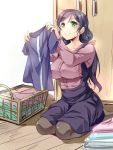  1girl ajishio basket blush breasts clothes green_eyes long_hair love_live!_school_idol_project purple_hair seiza sitting skirt smile solo toujou_nozomi twintails 