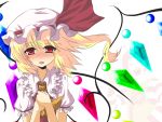  1girl :d ascot blonde_hair blush cameo commentary_request flandre_scarlet gomasamune hands_clasped hat mcdonald&#039;s open_mouth red_eyes ronald_mcdonald side_ponytail simple_background smile solo tagme touhou white_background wings 