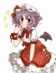  1girl amonitto bat_wings blush dress grin hat hat_ribbon jewelry looking_at_viewer mob_cap puffy_short_sleeves puffy_sleeves purple_hair red_dress red_eyes remilia_scarlet ribbon ring shirt short_sleeves simple_background smile solo touhou white_background wings wrist_ribbon 