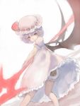  1girl animal_print bat_wings bloomers expressionless hat hat_ribbon lavender_hair looking_at_viewer looking_back masuchi mob_cap puffy_short_sleeves puffy_sleeves red_eyes remilia_scarlet ribbon short_hair short_sleeves simple_background solo spear_the_gungnir touhou underwear white_background wings 