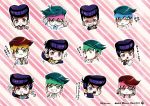  brown_hair chibi earrings green_hair headband higashikata_jousuke jewelry jojo_no_kimyou_na_bouken kishibe_rohan pompadour purple_hair vldksltlah88 