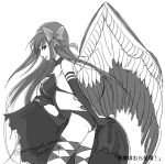  1girl akemi_homura akuma_homura argyle argyle_legwear ass bare_shoulders black_hair bow choker dated dress elbow_gloves feathered_wings from_behind gloves hair_bow long_hair looking_at_viewer looking_back mahou_shoujo_madoka_magica mahou_shoujo_madoka_magica_movie monochrome signature simple_background solo spoilers text thigh-highs thighs translation_request white_background wings 
