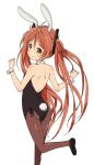  1girl aihara_enju animal_ears black_bullet blush brown_eyes bunnysuit detached_collar long_hair looking_at_viewer looking_back nectar_(fujiya) orange_hair rabbit_ears smile solo twintails wrist_cuffs 