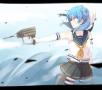  1girl aiming beret blue_eyes blue_hair blush breasts double_bun elbow_gloves gloves gun hat kantai_collection large_breasts outstretched_arm personification pleated_skirt school_uniform serafuku short_hair skirt smile solo urakaze_(kantai_collection) weapon yukichi_(eikichi) 