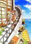  1girl blue_eyes blue_sky brown_hair fleur_de_lis hat long_hair looking_at_viewer lucena_winter original plant pot potted_plant ship side_ponytail skirt sky solo stairs yuuhagi_(amaretto-no-natsu) 