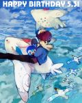  1boy beret black_hair blue_sky clouds creature flying hand_on_headwear happy_birthday hat jacket kouki_(pokemon) male minahamu pants piplup pokemon pokemon_(creature) pokemon_(game) pokemon_dppt riding scarf sky smile solo togetic wingull 