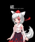  1girl animal_ears autumn_leaves bare_shoulders black_background breasts detached_sleeves hat inubashiri_momiji leaf looking_at_viewer pom_pom_(clothes) red_eyes shirt short_hair silver_hair simple_background skirt smile solo tail tokin_hat touhou translation_request wolf_ears wolf_tail 