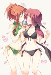  2girls alternate_costume alternate_hairstyle bare_shoulders bat_wings bikini blush bow braid breasts cleavage embarrassed eye_contact food front-tie_top green_eyes hair_bow hair_up heart hong_meiling ice_cream koakuma large_breasts long_hair looking_at_another multiple_girls navel orange_hair red_eyes revision rough satou_kibi side-tie_bikini simple_background swimsuit touhou translation_request twin_braids white_background wings yuri 