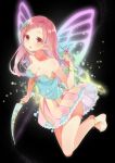  1girl anklet arrow bare_shoulders barefoot bow_(weapon) breasts butterfly_wings cleavage dress highres jewelry long_hair original pink_hair pointy_ears red_eyes simple_background solo tika_(mika4975) weapon wings 