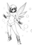  1girl bare_shoulders boots choker collarbone fairy fairy_wings graphite_(medium) greyscale harumachi_nagaaki horns jewelry monochrome navel open_mouth original pointy_ears simple_background small_breasts solo standing traditional_media wings 