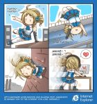  1girl 4koma afterimage ahoge aizawa_inori artist_request belt brown_hair chibi comic drill_hair english fingerless_gloves flying_sweatdrops gloves hair_ornament headphones heart internet_explorer jumping key left-to-right_manga monitor motion_lines mouth_hold official_art open_mouth os-tan personification pleated_skirt side_ponytail single_elbow_glove skirt solo_focus spoken_heart sweatdrop triangle_mouth white_legwear 