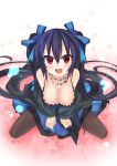  1girl :d bare_shoulders black_hair black_legwear blush breasts chou_megami_shinkou_noire_gekishin_black_heart choujigen_game_neptune cleavage full_body hair_ribbon highres jewelry kurokitsune595 long_hair looking_at_viewer necklace noire number open_mouth red_eyes ribbon sitting smile solo star twintails very_long_hair 