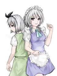  2girls apron ascot braid brown_eyes hair_ribbon highres izayoi_sakuya kazu_(rakugakino-to) konpaku_youmu maid maid_apron maid_headdress multiple_girls ribbon silver_hair touhou violet_eyes white_background 