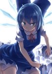  1girl blue_eyes blue_hair bow cirno dress hair_bow highres ice short_hair simple_background solo touhou usotsuki_penta white_background wings 