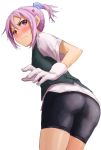  1girl anger_vein ass bike_shorts blue_eyes gloves hair_ornament kantai_collection kurione_(zassou) looking_at_viewer looking_back personification pink_hair ponytail shiranui_(kantai_collection) short_hair short_sleeves solo sweatdrop white_gloves 