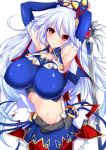 1girl armpits arms_up breasts detached_sleeves highres huge_breasts long_hair looking_at_viewer midriff minamon_(vittel221) navel red_eyes silver_hair simple_background smile solo sword weapon white_background 