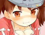  1girl blush brown_eyes brown_hair hat kantai_collection knees_on_chest long_hair lowres nagian personification pout ryuujou_(kantai_collection) sitting skirt solo twintails visor_cap 