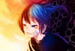  1girl bandaid black_hair blue_eyes blue_hair crying ene_(kagerou_project) enomoto_takane fading headphones hexagon kagerou_project orange_sky ponita red_eyes sad sad_smile smile spoilers tears twintails 