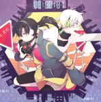  1boy 1girl back-to-back bike_shorts black_hair choker enomoto_takane facial_mark gas_mask headphones jacket kagerou_project konoha_(kagerou_project) open_mouth outstretched_arm pink_eyes ponytail red_eyes road_sign short_hair short_ponytail shorts_under_skirt sign twintails white_hair 