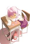  1girl ahoge blush chair closed_eyes desk from_above glasses headrest kantai_collection long_hair long_sleeves makigumo_(kantai_collection) nagian pantyhose pink_hair purple_skirt rimless_glasses school_uniform sitting skirt sleeping sleeves_past_wrists solo 