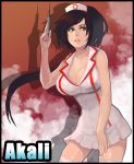  1girl absurdres akali alternate_costume black_hair breasts cleavage hat highres large_breasts league_of_legends long_hair nurse nurse_cap ponytail sleeveless solo steward_b syringe thighhighs white_legwear 