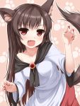  1girl animal_ears blush brooch brown_hair dress fang fingernails highres imaizumi_kagerou jewelry long_hair long_sleeves looking_at_viewer open_mouth red_eyes smile solo tail tokugawa_landine touhou wolf_ears wolf_tail 