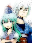  1boy 1girl ahoge aqua_hair ascot blue_eyes choker collarbone couple crossed_arms glasses hat height_difference hetero kamishirasawa_keine light_smile morichika_rinnosuke no_nose pouch puffy_short_sleeves puffy_sleeves short_sleeves silver_hair simple_background touhou yellow_eyes yuichiitan 