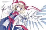  1girl adapted_costume alice_margatroid blonde_hair blue_dress blue_eyes cierra_(ra-bit) dress hair_ribbon looking_at_viewer puffy_short_sleeves puffy_sleeves ribbon sash shirt short_sleeves simple_background solo sword touhou weapon white_background wings 