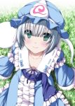  1girl aqua_eyes blue_dress blush collarbone down_blouse dress grass konpaku_youmu konpaku_youmu_(ghost) long_sleeves looking_at_viewer mat nori_tamago saigyouji_yuyuko saigyouji_yuyuko_(cosplay) sash silver_hair sitting small_breasts smile solo touhou triangular_headpiece veil wide_sleeves 