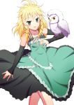  1girl bare_shoulders bird black_bullet blonde_hair blush dress elbow_gloves gloves green_dress green_eyes hair_ornament highres long_hair ookami_maito open_mouth owl solo tina_sprout white_background yellow_eyes 