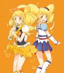  2girls blonde_hair blue_skirt boots bow bowtie brooch cure_honey dual_persona earrings hair_bow happinesscharge_precure! jewelry knee_boots long_hair magical_girl miniskirt multiple_girls oomori_yuuko orange_background popcorn_cheer precure skirt smile teruru100 twintails wand wrist_cuffs yellow_eyes yellow_skirt 