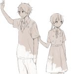  1boy 1girl kitashirakawa_tamako long_hair low_twintails momose_(oqo) monochrome necktie ooji_mochizou shirt_tug short_hair sweater_vest tamako_market twintails waving 