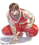  1boy brown_hair clenched_hand diepod final_fight gai_(final_fight) kote muscle ninja shoes short_hair sleeveless sneakers solo squatting wrist_wraps 