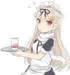  1girl alternate_costume apron blonde_hair cup kantai_collection long_hair maid maid_apron maid_headdress personification red_eyes totoki86 tray yuudachi_(kantai_collection) 