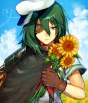  1girl cape eyepatch flower green_eyes green_hair kantai_collection kiso_(kantai_collection) ot-nm personification sunflower 