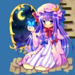  1girl blue_background blush bow butterfly capelet chocolat_(momoiro_piano) crescent_hair_ornament crescent_moon double_bun dress hair_bow hair_ornament hat hat_ribbon long_hair long_sleeves looking_at_viewer mob_cap moon patchouli_knowledge payot purple_hair raised_hand ribbon robe seiza sitting sky solo star_(sky) starry_sky striped striped_dress touhou triangle_mouth violet_eyes 