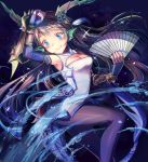  1girl animal_ears black_hair blue_eyes china_dress chinese_clothes cleavage_cutout fan fingerless_gloves folding_fan gauntlets gloves hair_ornament horns karin_(p&amp;d) long_hair puzzle_&amp;_dragons shadowsinking smile solo spiked_knuckles water 