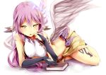  1girl angel_wings book breasts feathered_wings hand_to_own_mouth jibril_(no_game_no_life) long_hair looking_at_viewer lying magic_circle multicolored_eyes navel no_game_no_life on_side orange_eyes pack_er_5 pose purple_hair red_eyes solo taut_clothes taut_shirt violet_eyes wings yellow_eyes 
