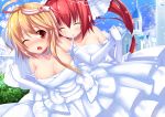  2girls aixioo alternate_costume breasts bride brown_hair cleavage closed_eyes dress elbow_gloves gloves i-168_(kantai_collection) i-58_(kantai_collection) jewelry kantai_collection long_hair multiple_girls personification ponytail red_eyes redhead ring short_hair veil wedding_dress wedding_ring wince 