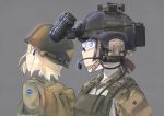  2girls america backpack bag blonde_hair brown_eyes brown_hair bust erica_(naze1940) glasses grey_background headset helmet load_bearing_vest military military_uniform multiple_girls night_vision_device original ponytail profile short_hair short_ponytail simple_background smile soldier uniform violet_eyes world_war_ii 